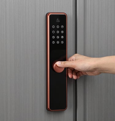 A smart lock steel door with a brushed silver finish, showcasing advanced security technology in a stylish design.
