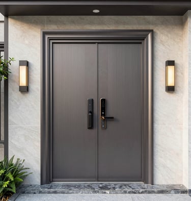 An elegant luxury security door featuring gold accents and a charcoal matte finish, highlighting premium craftsmanship.