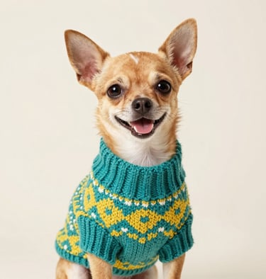perro chihuahua con sueter azul y amarillo
