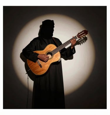 Shadow play on a dark wall with a silhouette of a North African / Moroccan musician holding a guitar, gold rim lighting around the edges.