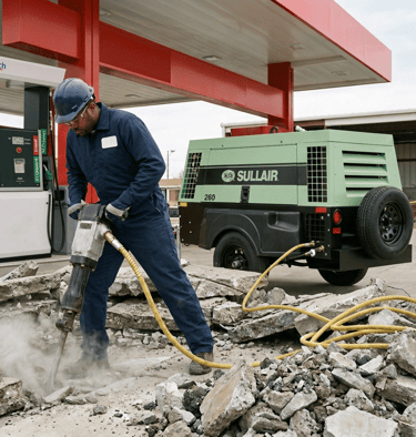 Técnico de Petrosur C.A. operando compresor Sullair para remodelación de estación de servicio