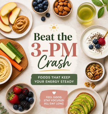 Flat lay of healthy snacks like avocado toast, nuts, and berries to beat the 3 PM energy crash.