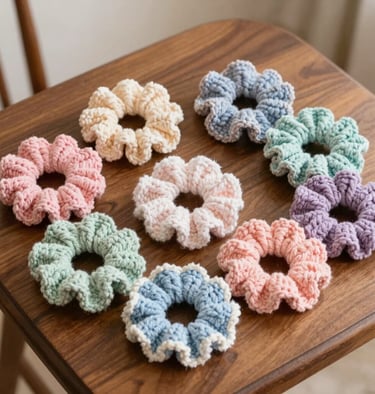 Close-up of a soft pastel pink crocheted scrunchie resting on a cozy knitted fabric.