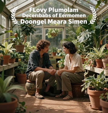 A cinematic shot of a couple sharing a quiet moment in a greenhouse, surrounded by plants, warm terracotta and earthy brown shadows.