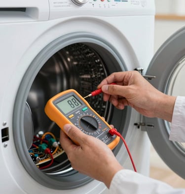 A detailed close-up shot of a technical expert's hands using a professional digital multimeter to test electrical components inside a modern white washing machine in a bright laundry room in Cali, Colombia.