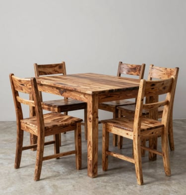 Cozy rustic wooden dining table set in a warm, inviting room.