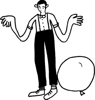 Disegno nero su bianco di pascal il clown, con dietro di sè un enorme palloncino