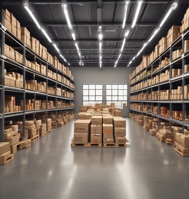 A warehouse worker organizing boxes of supplies on shelves.