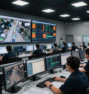 Wide shot of a logistics control center at night, multiple monitors showing satellite route overlays and alert dashboards with orange notification indicators, an operator reviewing data at a workstation, harsh overhead lighting emphasizing the command-center atmosphere