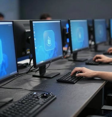 A dynamic shot of a digital security competition environment. Soft steel blue screens reflect on a dark slate grey table. The lighting is focused and serious, emphasizing the intensity of the challenge.
