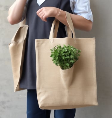 Colorful jute grocery bags hanging on a rustic wooden rack, ready for shopping trips.