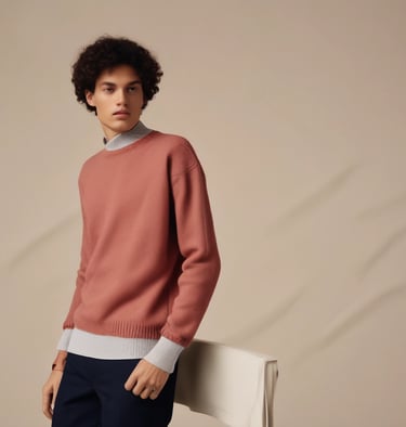 Elegant woman in a fine knit sweater and classic skirt, standing confidently in a softly lit urban setting.