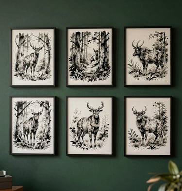 A series of ink drawings of forest fauna displayed on a dark forest green studio wall, with soft highlights from a nearby window.