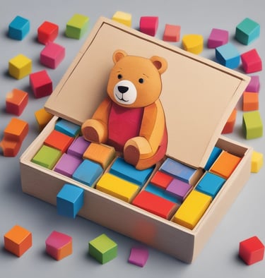 A box of bright colorer blocks with a bear and a bear