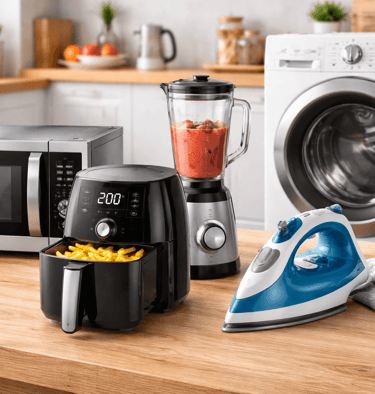 eletrodomésticos, decoração, climatização, organização, fogão, geladeira, ventilador, airfryer, cama