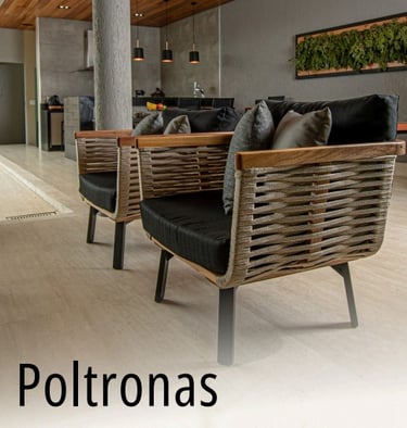 Móveis assentos: poltrona alto padrão feitas em alumínio, madeira, corda náutica, fibra sintética