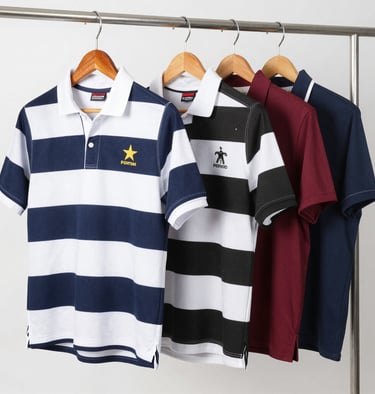 High-quality rugby and golf shirts displayed on hangers.