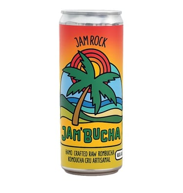 Jam Rock Jam'Bucha hand crafted raw kombucha can with tropical palm tree sunset label design.