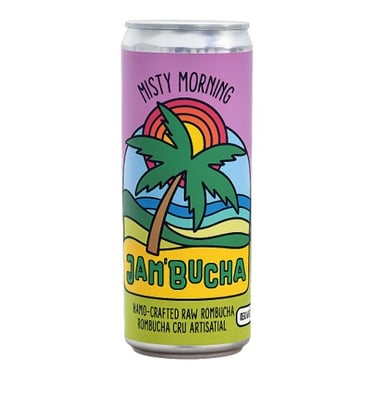 A can of Jam'Bucha Misty Morning hand-crafted raw kombucha with a tropical palm tree design.