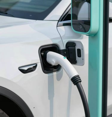 Close-up of a modern electric vehicle charging station with a sleek design, reflecting a pearl white and light aqua color scheme. Professional photography.