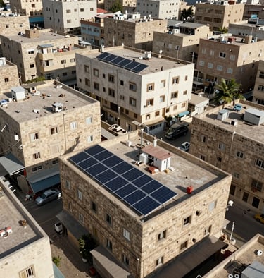 Aerial view of a city residential area in Yemen featuring rooftop solar panel arrays on multiple buildings. Daytime photography.
