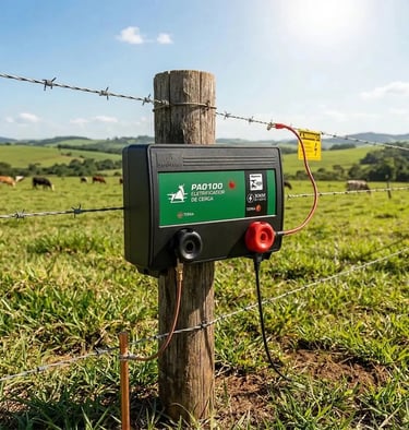 Aparelho de choque Pampeano PA0100 instalado em cerca rural sob sol forte, mostrando o equipamento e