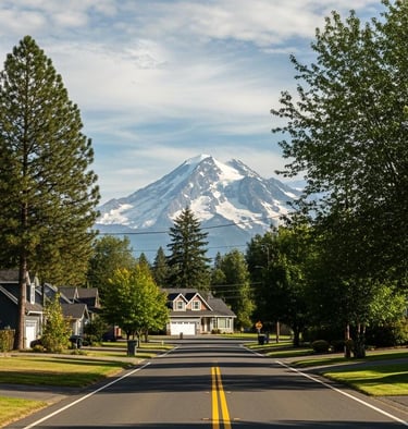 Scenic suburban street with houses trees leading toward mount baker in washington state.