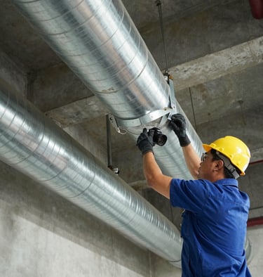Close-up of chimney brush removing buildup, with protective gear visible