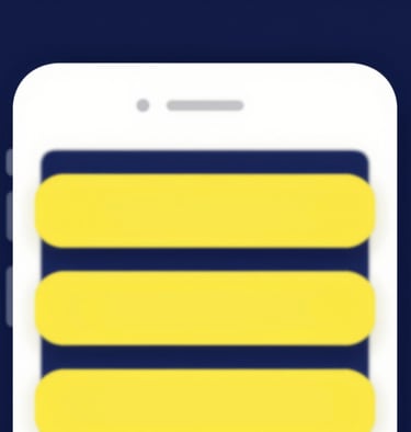 A screen displaying a clean, high-contrast mobile interface design with bold yellow buttons and dark blue backgrounds.