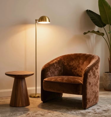 A bold, modern living room featuring sculptural furniture with sharp silhouettes and dramatic lighting.