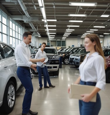 A dynamic team collaborating over marketing plans with dealership visuals in the background.
