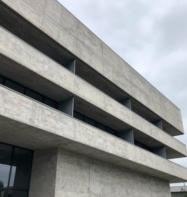 Crisp architectural elevation of a concrete and steel facade, sharp shadows, cool overcast daylight, wide-angle lens, sharp focus