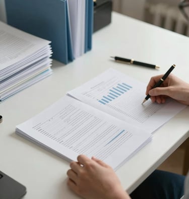 Wide shot of a calm professional workspace, a pair of hands reviewing printed financial documents on a clean desk, organized folders visible to the side, even neutral office lighting, no clutter