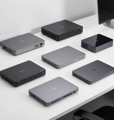 A sleek mini PC setup on a modern desk with multiple monitors displaying vibrant graphics.