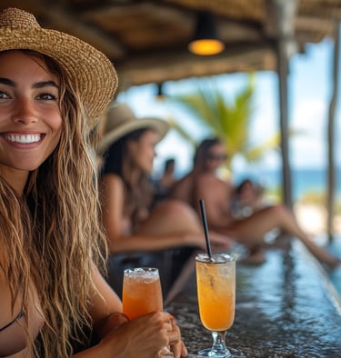 An attractive woman wearing a straw hat enjoys a drink at a bar in an all-inclusive resort in the Do