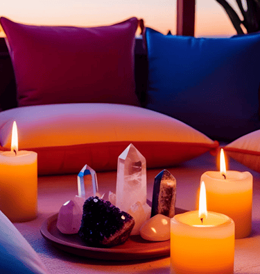 close up on of tumbled and raw crystals and 3 candles with pillows on the back