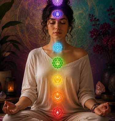 woman meditating with chakras lit up