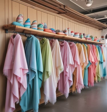 Casual surf clothing laid out on a sandy beach with surfboards nearby.