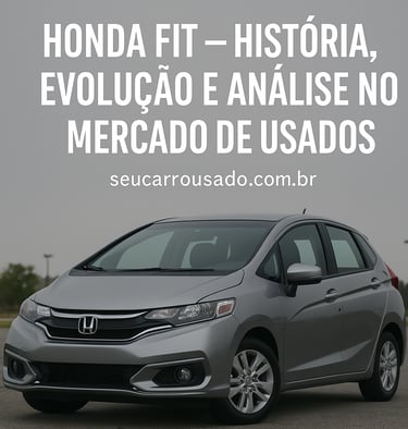Honda Fit prata em destaque com chamada sobre sua história, evolução e desempenho no mercado de usad