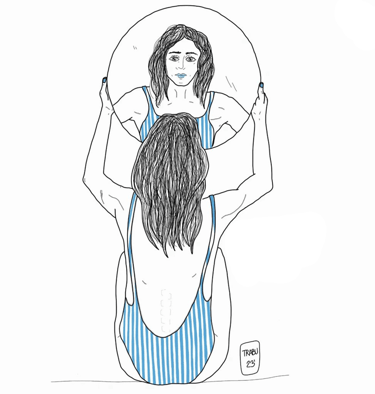 Una chica de espalda sosteniendo un espejo y viendo su cara reflejada 