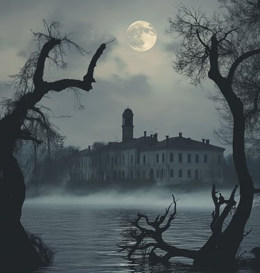 Immagine dell'isola di Poveglia abbandonata in un paesaggio nebbioso.