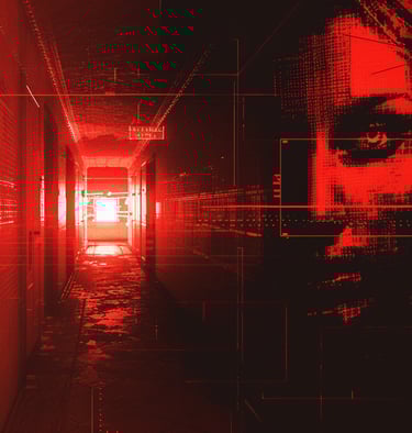 Ambientazione rossa di tensione con effetto tecnologico.