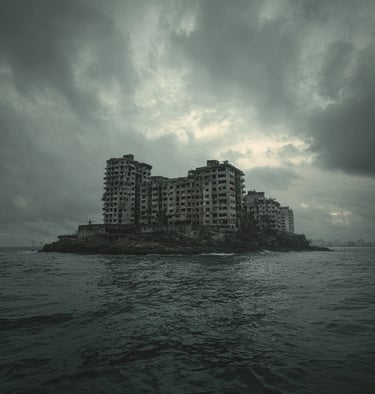 Isola di Hashima con un edificio logoro abbandonato.