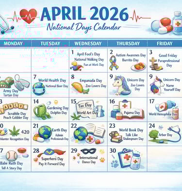 April 2026 National Days Calendar featuring medical icons and daily holiday illustrations.