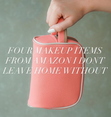 Hand holding coral makeup bag — text overlay: Four makeup items from Amazon I don’t leave home witho