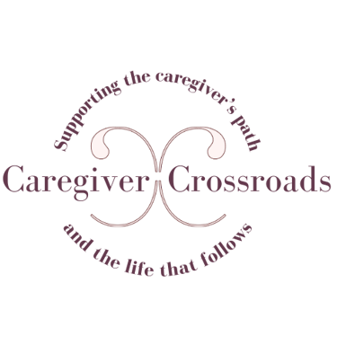 mauve logo: Caregiver Crossroads, 2 stems crossing, "Supporting the caregiver's path - and the life that follows" encircling