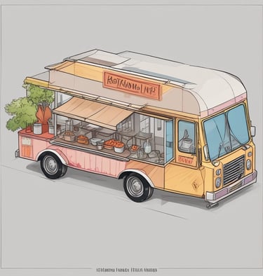 A vintage-style food truck is parked in a dimly lit area with an open window revealing the kitchen inside. There are metal chairs and round tables set in front of the truck, suggesting an outdoor dining area. A person in a white shirt stands beside the truck, possibly a vendor or customer, engaged in a phone conversation.