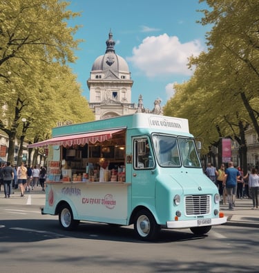 A vibrant red food truck with an eye-catching design, parked on a cobblestone street. The truck displays various food advertisements including burgers and cheese rolls. There are also drink and snack options visible. The truck is adorned with bright signage advertising beverages for 1.50 euros. A menu board on an easel is placed beside the truck, showcasing different food items. Another similar food truck is parked in the background. The scene is set in an outdoor area with a green, leafy tree nearby.