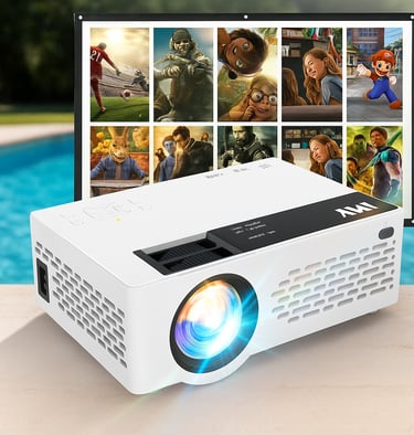 white home projector in front of an outdoor movie screen showing colorful images