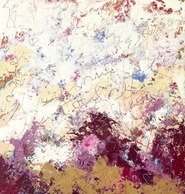 Abstract expressionist painting with textured burgundy, gold, and white palette knife strokes and script scribbles.